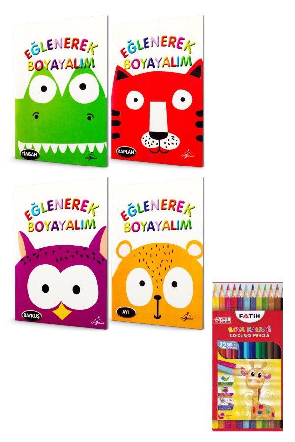 12 Renk Kuru Boya Kalemi Ve Eğlenerek Boyayalım Seti - 4 Kitap